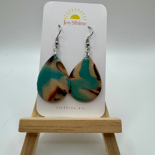 Teal & Tan Polymer Clay Teardrop Earrings | Lightweight Handmade Dangle Earrings